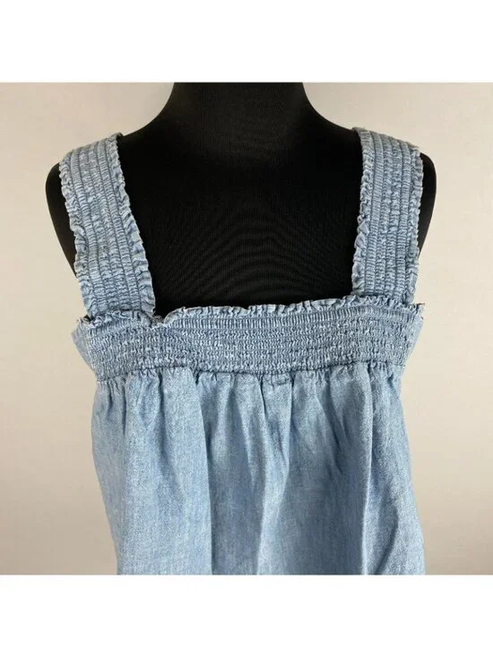 A.N.A Tank Top Womens M Blue Chambray Square Neck Smocked Spring Summer Casual - Picture 2 of 12